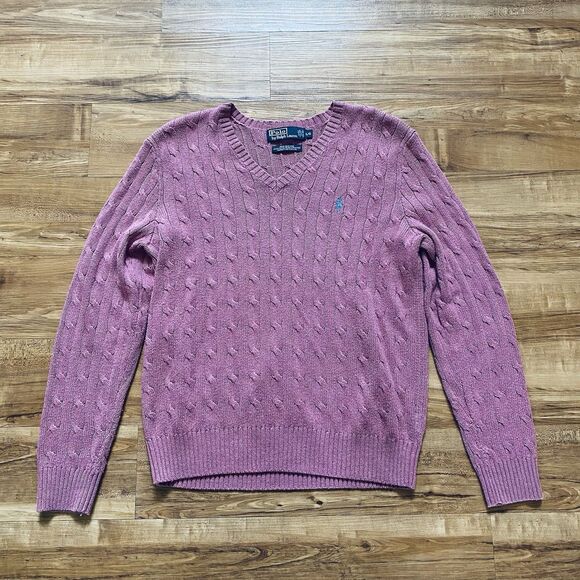 POLO RALPH LAUREN VTG Men L Pink 100% Silk V-Neck Cable Knit Sweater Golf Preppy - Picture 1 of 16